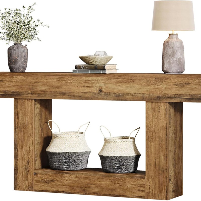 Tribesigns Stolik konsolowy 160 cm – 2-poziomowy, rustykalny brązowo-szary, idealny do przedpokoju