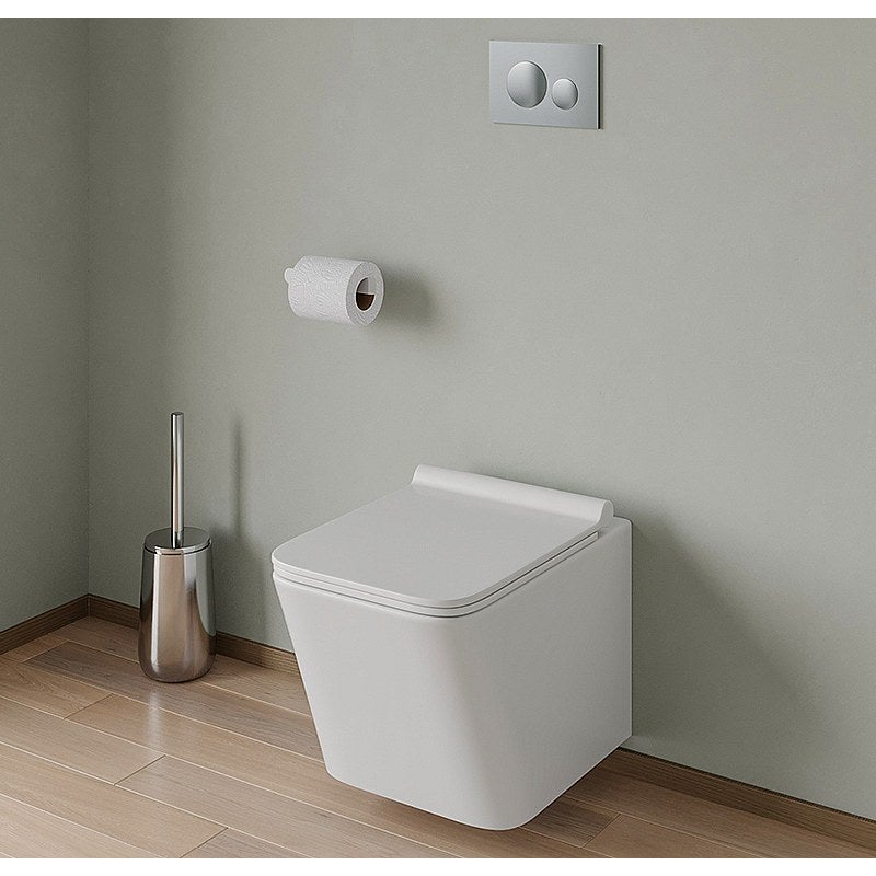 Podwieszana toaleta w kolorze białym ze stelażem i chromowanym okrągłym przyciskiem spłuczki - CLEMONA