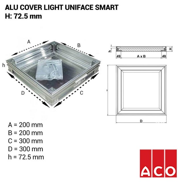 Couvercle à carreler Alucover light Uniface Smart hauteur de cadre 72.5mm ACO - 30 x 30 cm (Ouverture libre 20 x 20 cm)