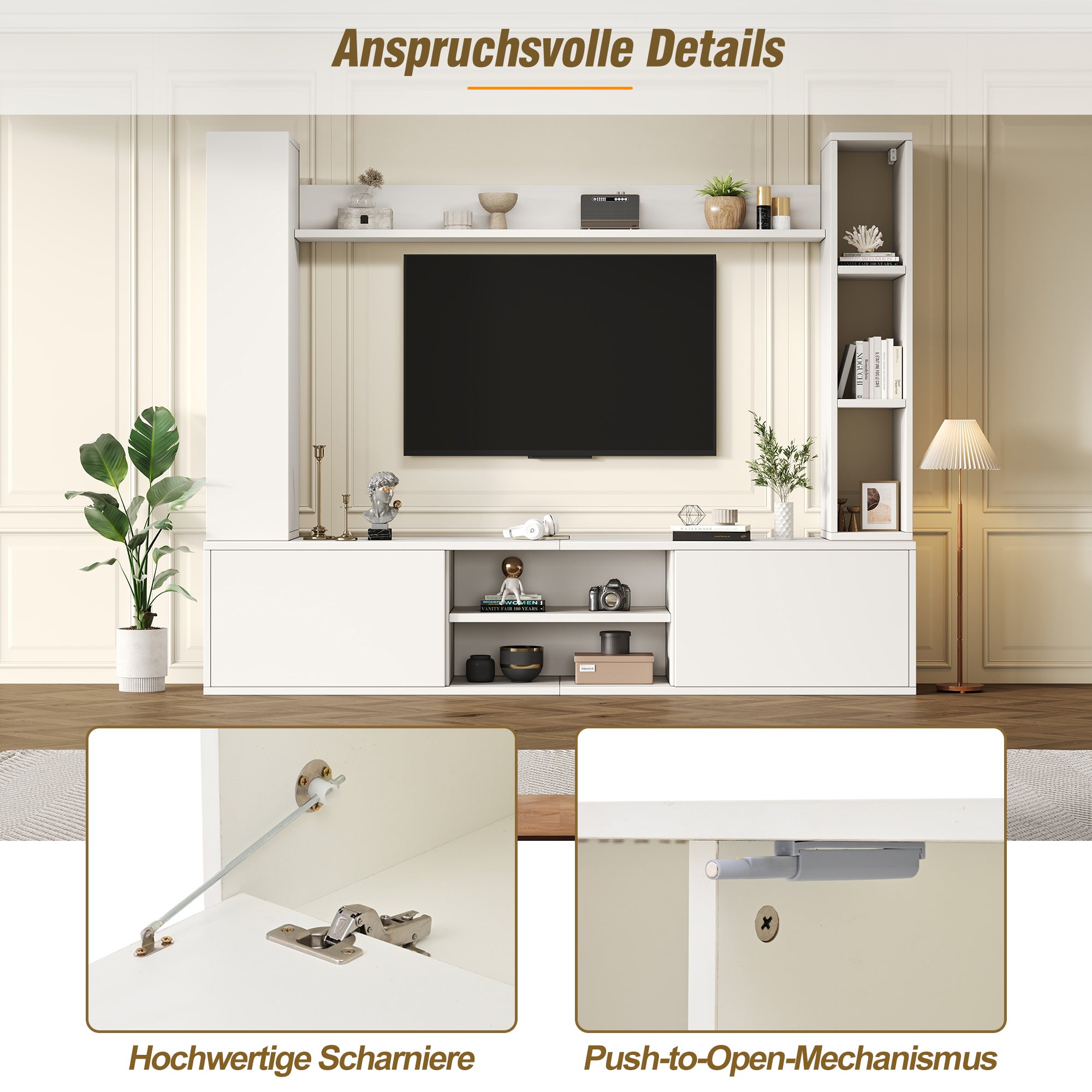Meuble TV Salle de Séjour Complet avec Bibliothèque Murale et Vitrines, Meuble tv bois Ensemble 4 Pièces (180cm) : Support TV, Étagères Murales, Blanc - 4