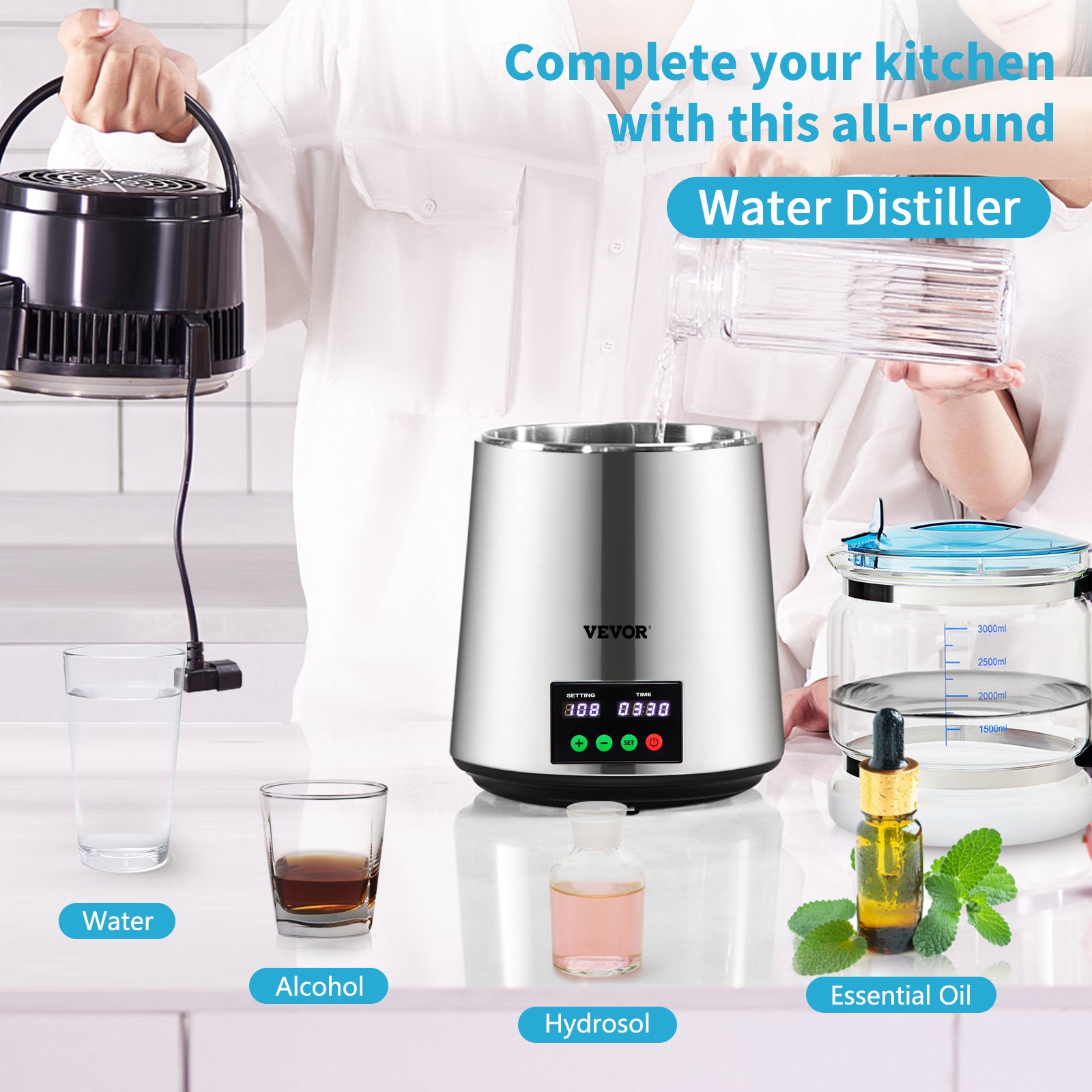 Distillateur D'Eau Spolehli - Acier Inoxydable 304 - Verseuse Verre Borosilicate - 220V - Pour Eau Pure Maison