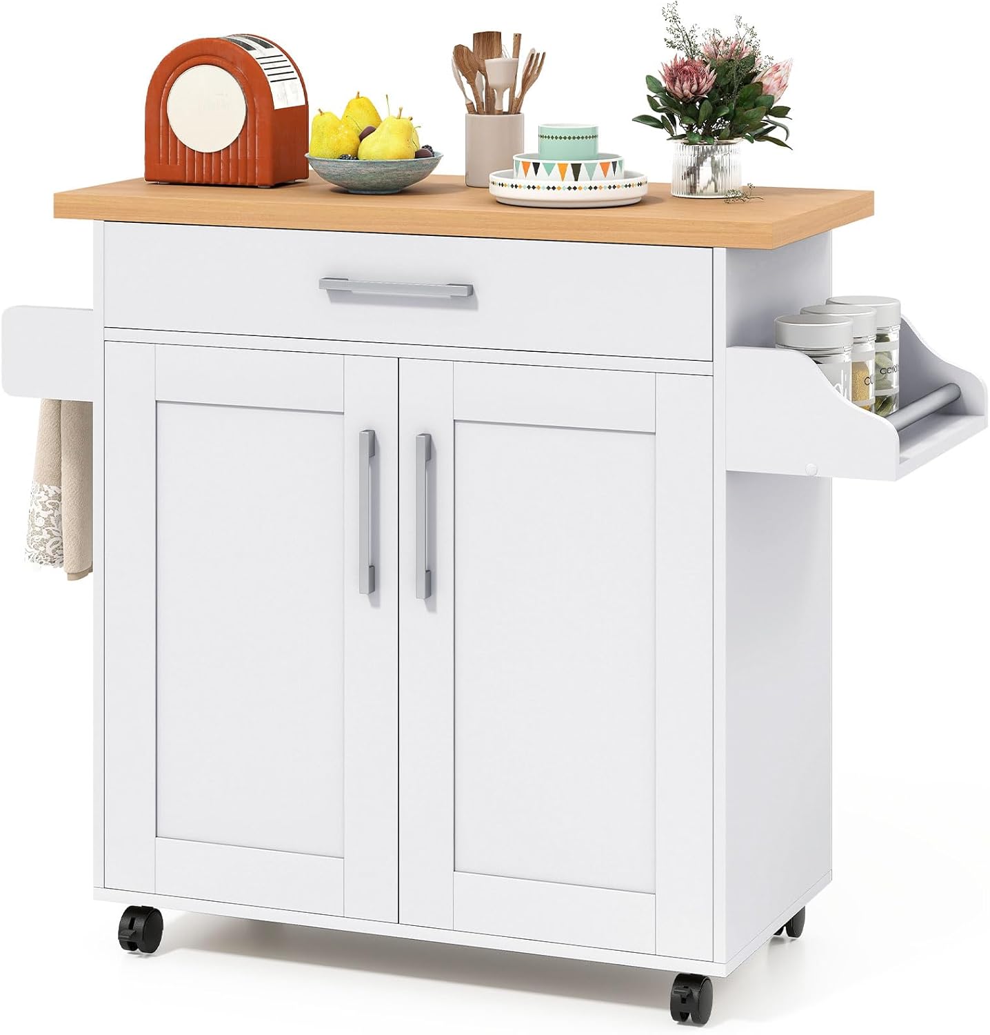 Wózek Kuchenny na Kółkach, 111 x 40 x 90 cm, Drewniany Wózek Kuchenny z Dużą Szafką, 2 Regulowanymi Półkami i 1 Szufladą