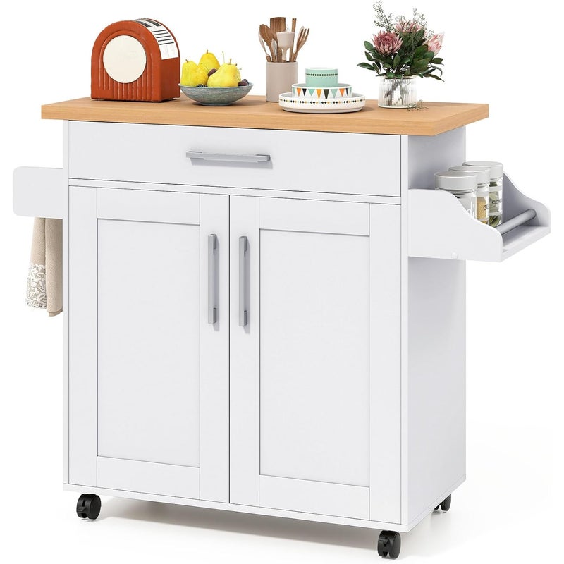 Wózek Kuchenny na Kółkach, 111 x 40 x 90 cm, Drewniany Wózek Kuchenny z Dużą Szafką, 2 Regulowanymi Półkami i 1 Szufladą