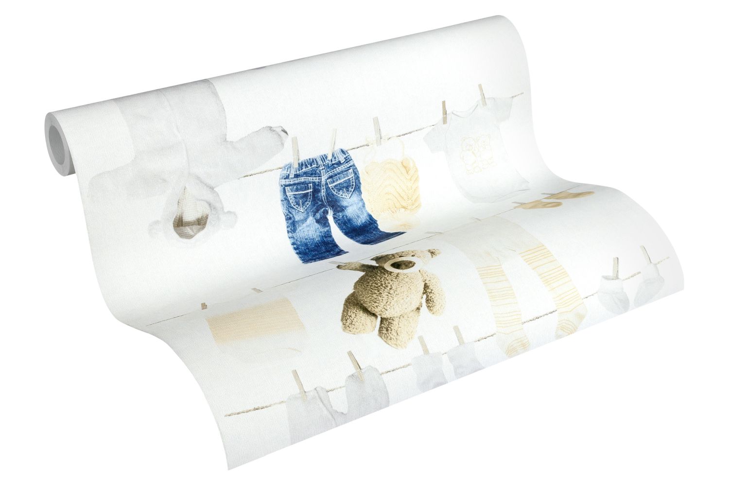 carta da parati struttura denim jeans beige crema, blu e bianco - 53 cm x 10,05 m - A.S. Création - 3