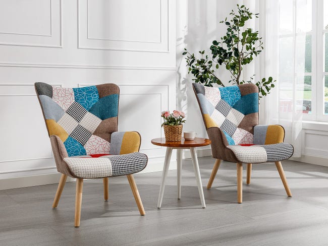 Poltrona MASHUP BLU rivestita tessuto tecnica patchwork gambe legno Poltrona MASHUP BLU rivestita tessuto tecnica patchwork gambe legno
