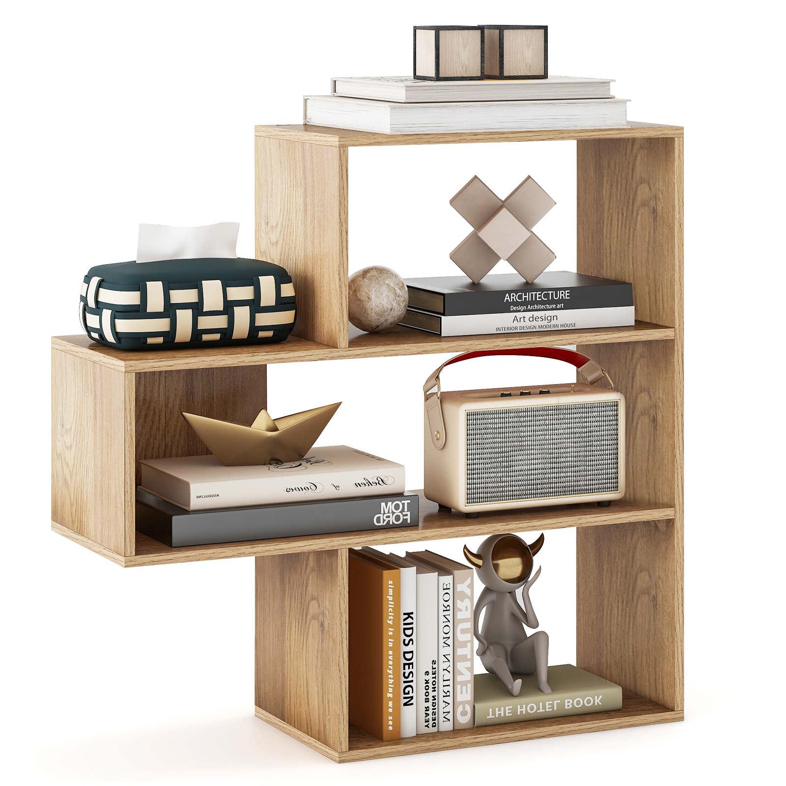 Biblioteka Wypukła, Regały na 3 Poziomy, Mebel do Przechowywania z Otwartymi Przegrodami, Kształt Litery T, Zabezpieczenie przed Przewróceniem