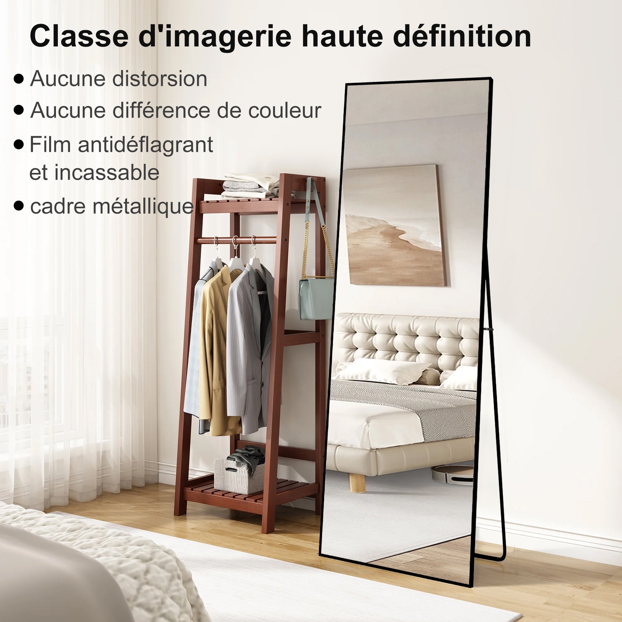 Miroir sur pied Rectangulaire 164 x 54cm, Grand Miroir Intégral avec Cadre en Alliage d’aluminium pour Chambre, Salon, À suspendre ou s'appuyer, Noir - 7