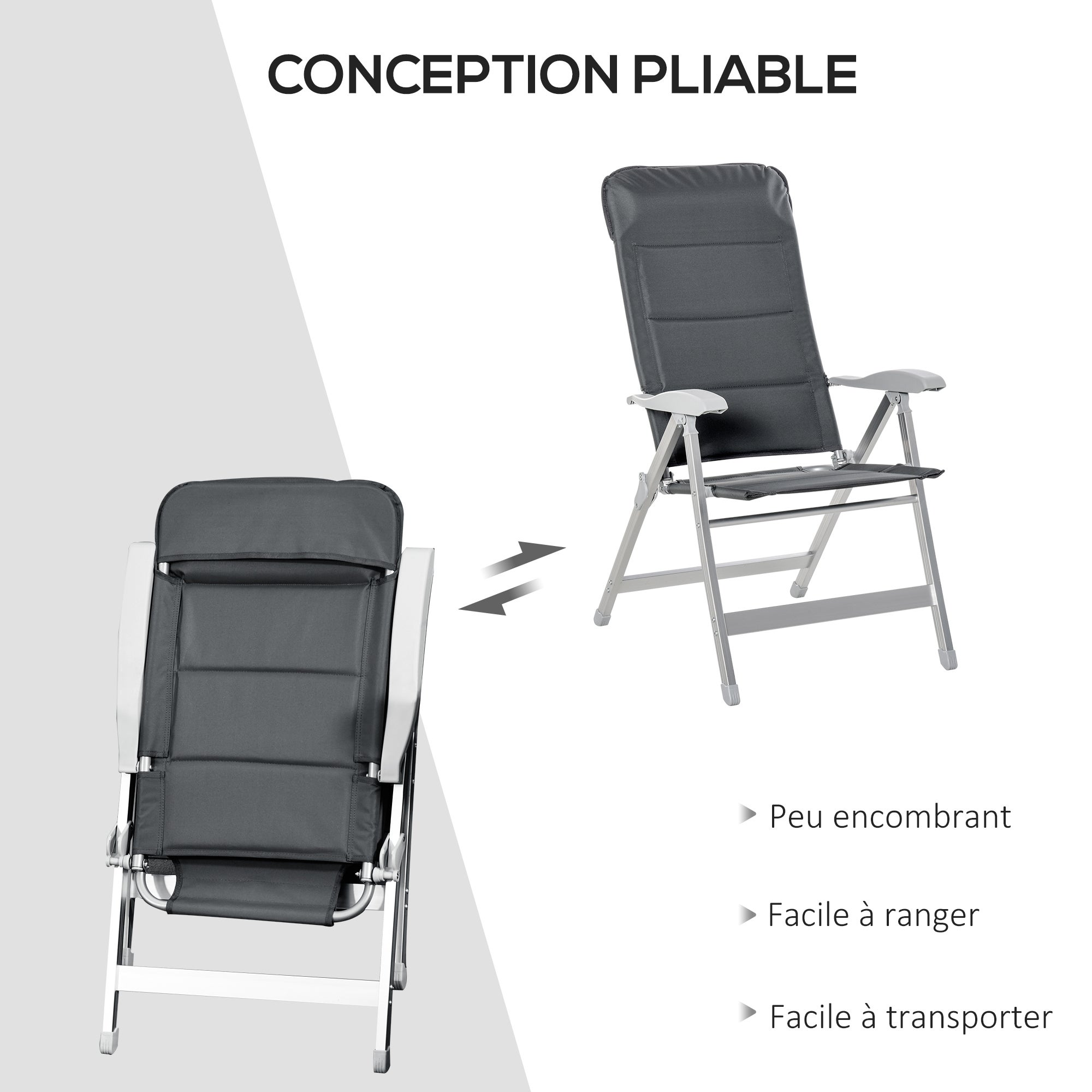 Lot 2 chaises jardin pliantes fauteuil extérieur dossier haut inclinable multipositions accoudoirs - 9