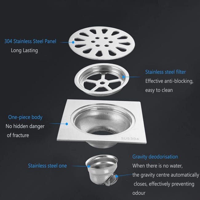Siphon De Sol Carré De Douche Pour Sol En Carrelage, 10,2 Cm Avec Couvercle Amovible, Grille En Siphon De Sol Carré De Douche Pour Sol En Carrelage, 10,2 Cm Avec Couvercle Amovible, Grille En