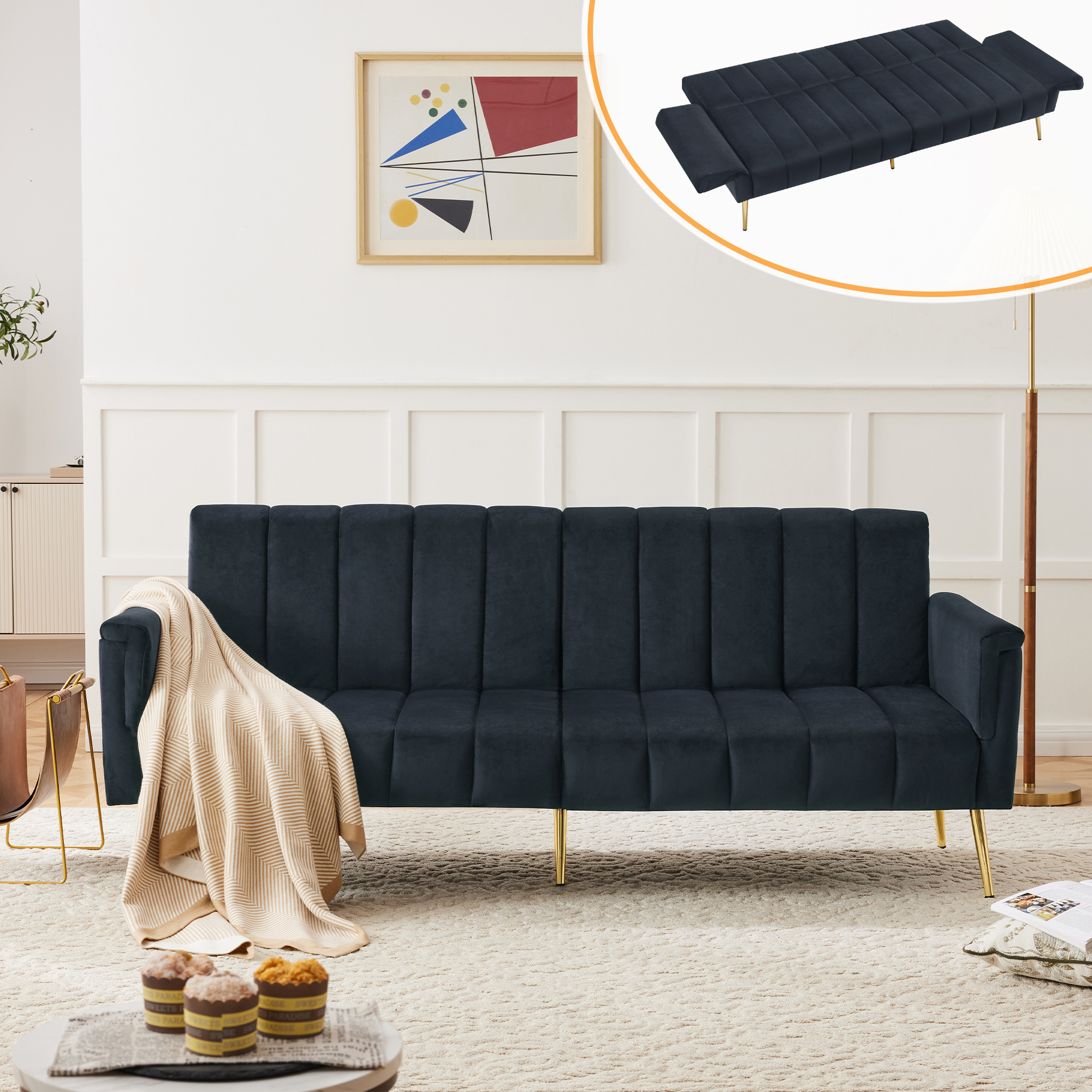 Sofa welurowa 2-osobowa z funkcją spania - 183 x 76 x 75 cm - Złote metalowe nogi - Czarny