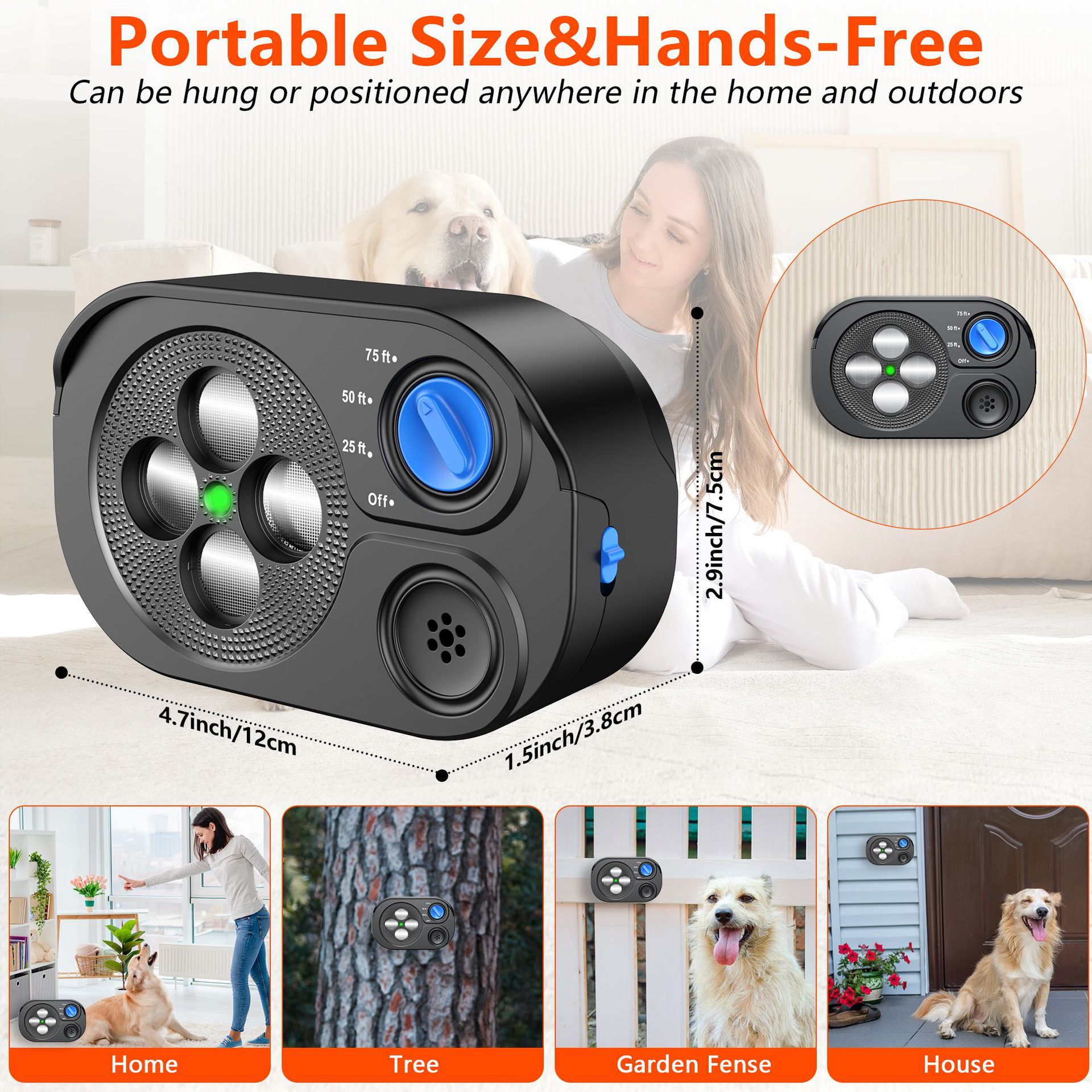Repelente ultrasónico automático para perros, resistente al agua (IP65),3 niveles de alcance, recargable por USB, para uso en interiores y exteriores. - 2