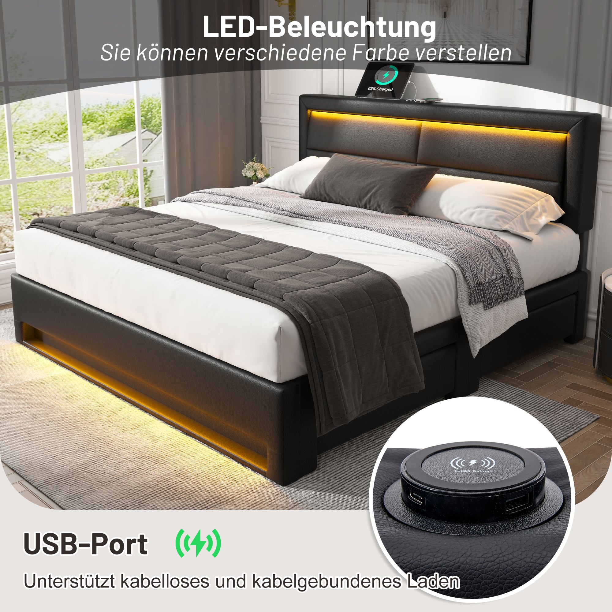 Łóżko podwójne 140x190 cm z ekoskóry z LED - 4 szuflady - z portami ładowania (przewodowym i bezprzewodowym) - Czarne - 5