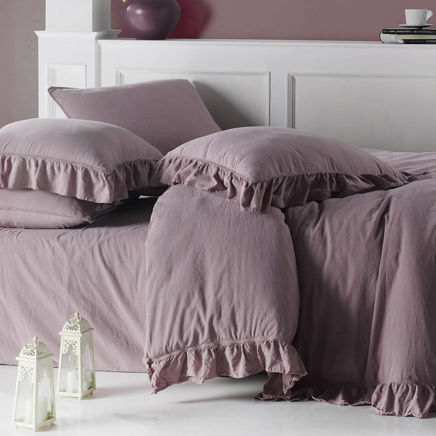 Pościel bawełniana z falbanką 160x200 Stonewashed Exclusive, Pale Mavue, fioletowa - Limasso