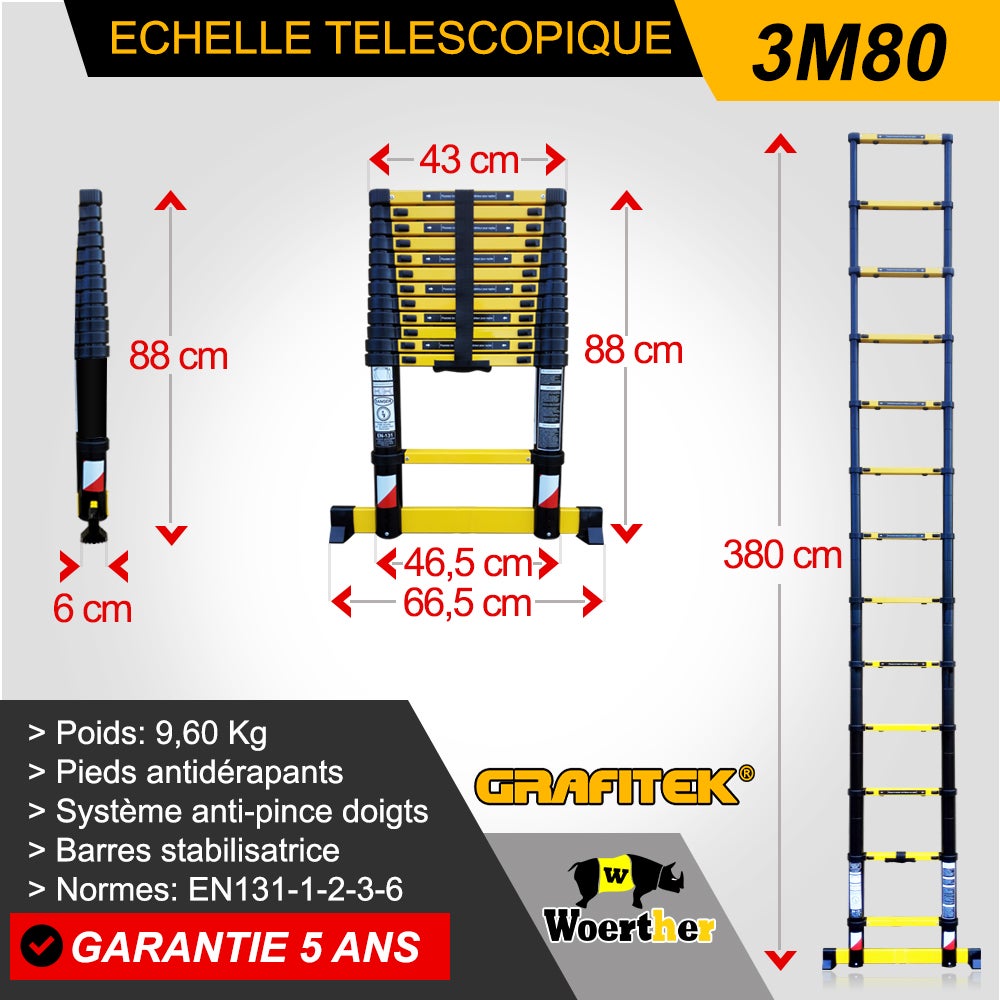 Echelle télescopique Woerther Grafitek 3m80 - Garantie 5 ans - 2