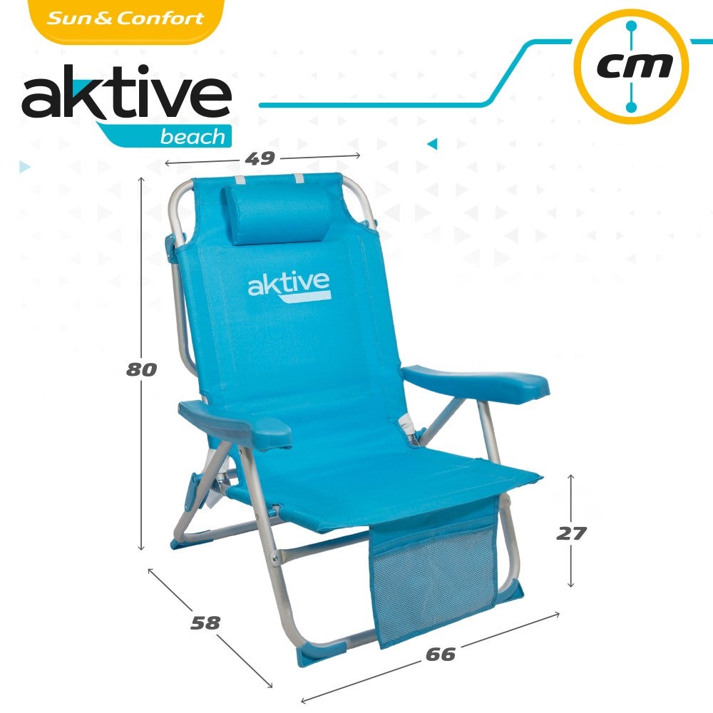 AKTIVE Sedia da spiaggia pieghevole 49x58x80 cm, con cuscino, sedia zaino pieghevole, schienale reclinabile, con due tasche, blu pastello (53983) - 6