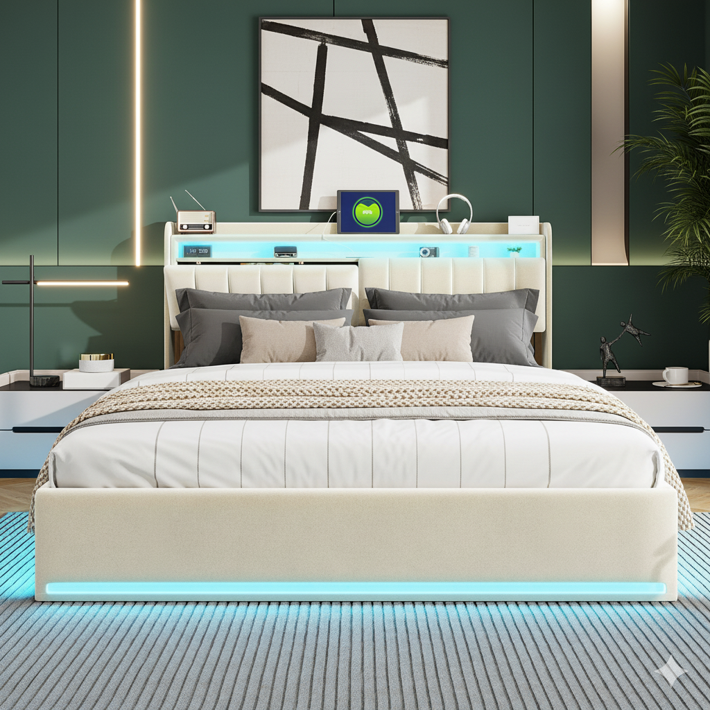 Lit 160x200cm - Lit coffre 160x200 avec sommier et tête de lit rangement - LED et port charge - velours - beige - 2