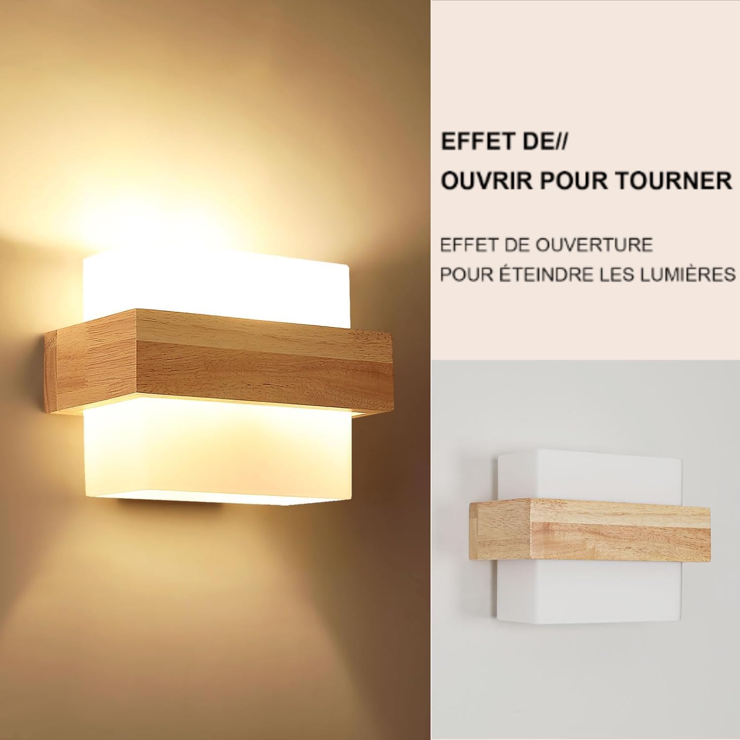 GOECO Applique Murale Interieur, 12W Moderne Lampe Murale en Bois avec Abat-jour en Verre E27, 3 Température de Couleur 3000K/4500K/6500K - 7