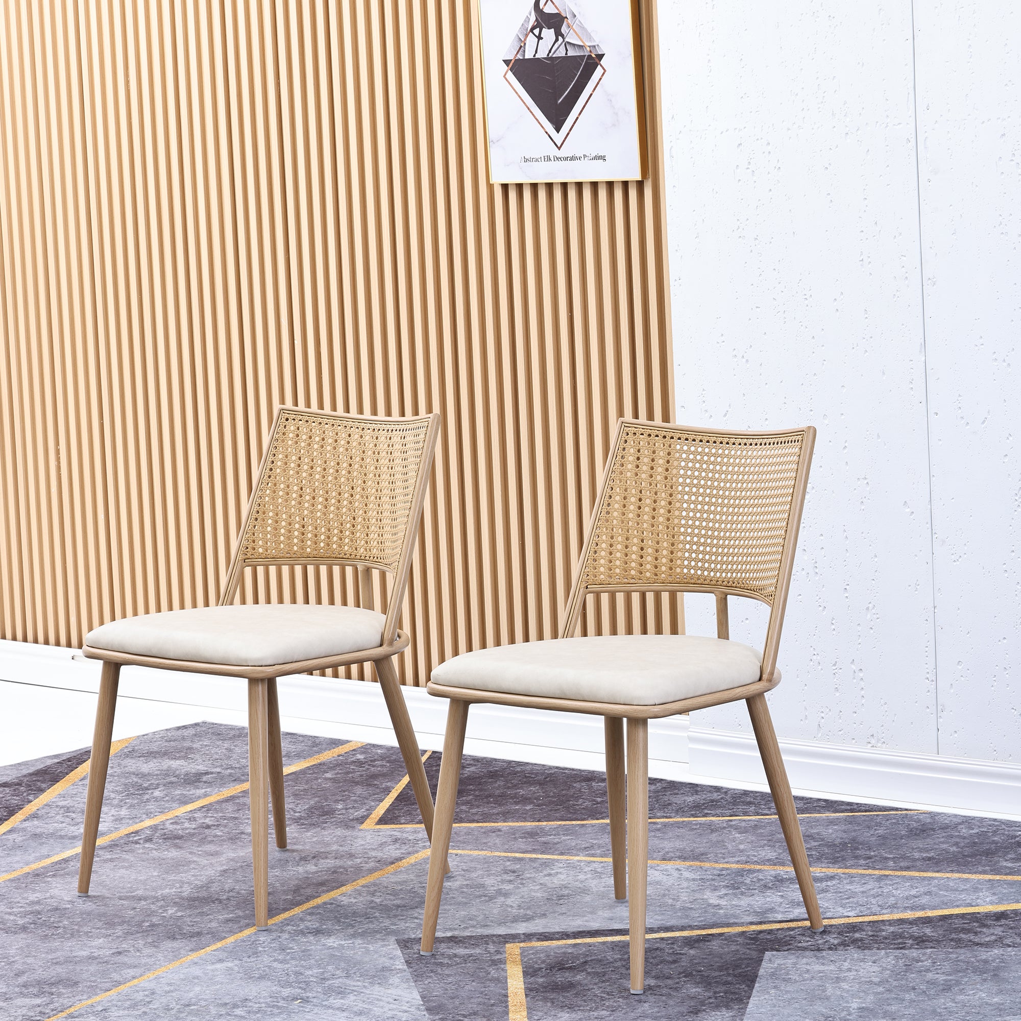 Lot de 2 chaises de salle à manger sans accoudoirs - Siège en cuir PU, dossier en rotin et pieds en métal - 50 x 48 x 80 cm - Beige - 3