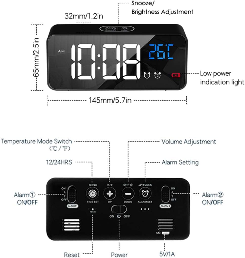 Réveil numérique, réveil LED avec fonction snooze, chargement par port USB (noir) - 2
