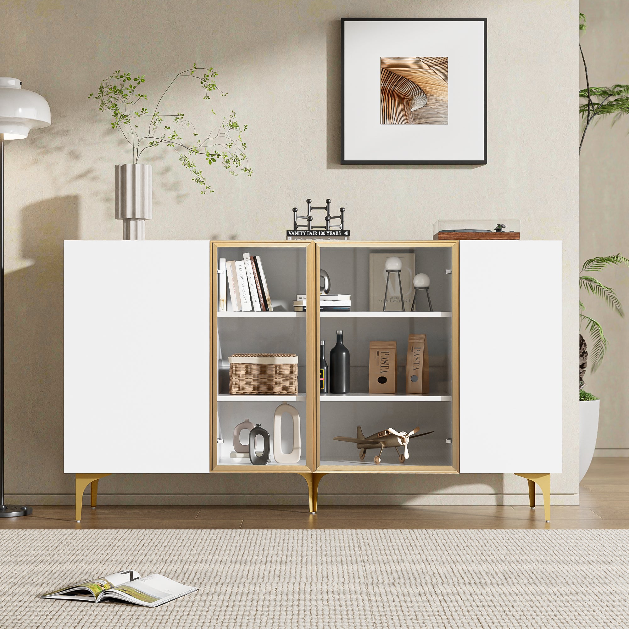 Komoda niska z 4 drzwiami - 150 x 38 x 85 cm - MDF, drewno, nogi metalowe - do jadalni lub salonu - biała