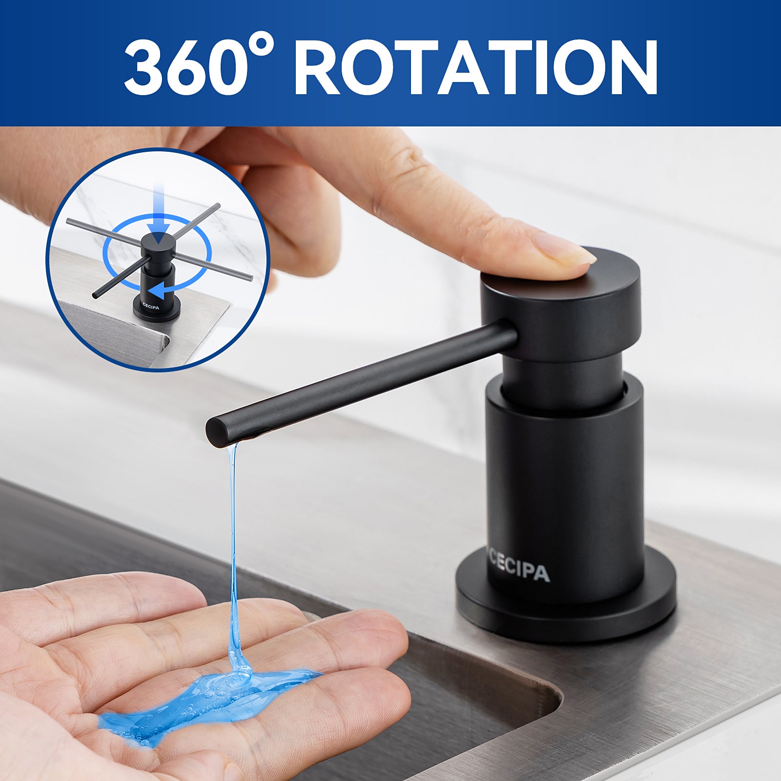 Cecipa max Distributeur de Savon Noir-Distributeur de Savon pour Evier avec Récipient de 300ML + Tuyau d'extension en Silicone de 1,25M,EU Modèle - 3