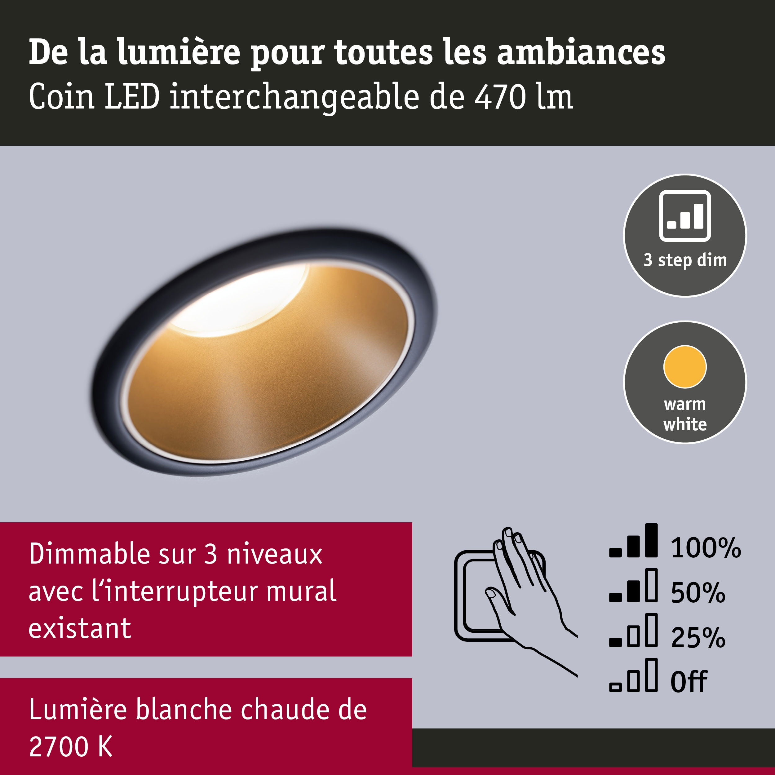 Spot encastré LED 3-Step-Dim Cole Coin Kit de 3 IP44 rond 88mm Coin 3x6W 3x470lm 230V gradable 2700K Noir#Doré mat - 5