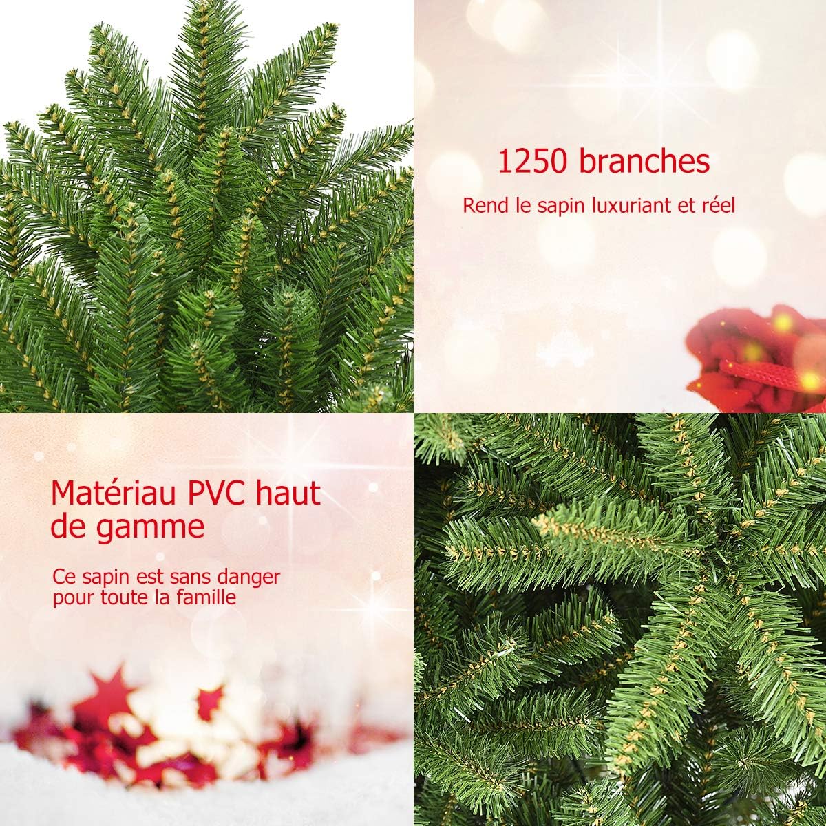 Árbol de Navidad Artificial, 1250Ramas de PVC Ignífugo, Apertura Automática, Decoración Navideña para el Hogar, Verde (180 CM) - 3