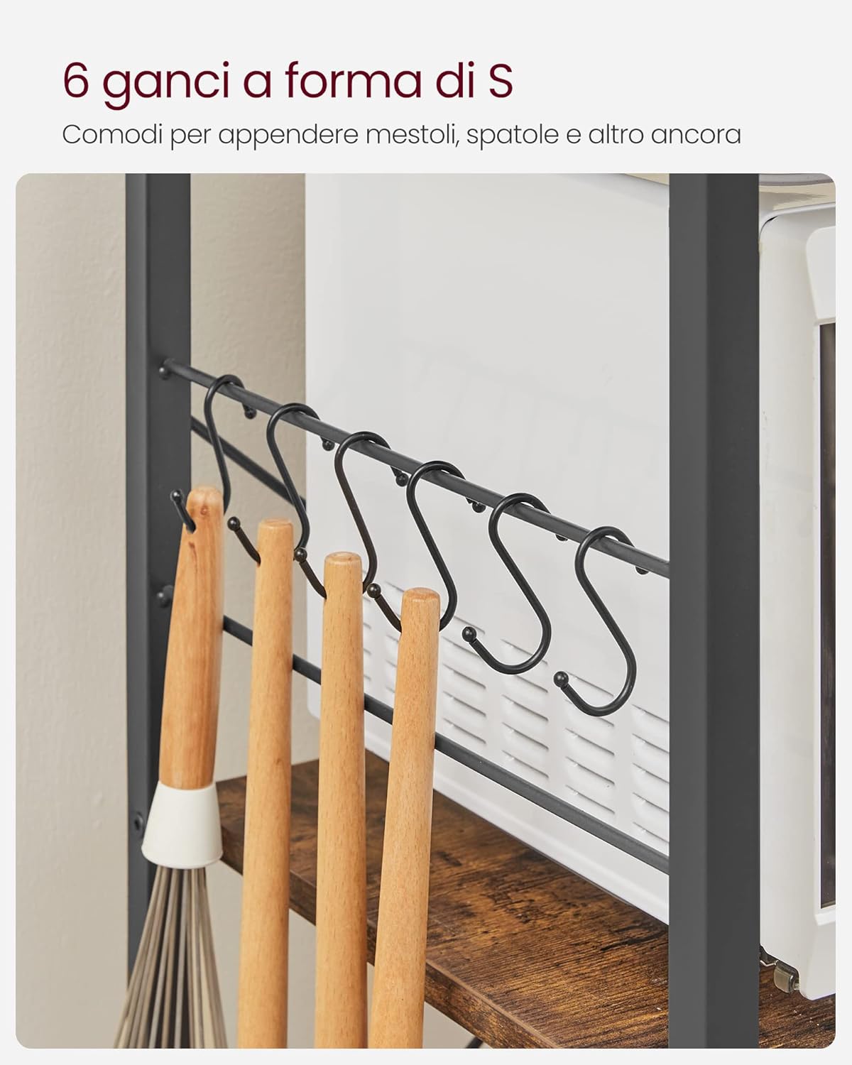 Scaffale Cucina con Cestino Metallo, 6 Ganci, Ripiani a S, per Microonde, Spezie, Pentole, Industriale - 8