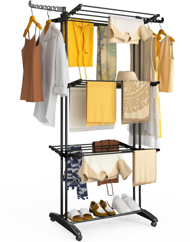 Étendoir à linge pliable métal renforcée 125x62x173cm, Séchoir 4 niveaux grande capacité avec roulettes, Noir, VOUNOT®