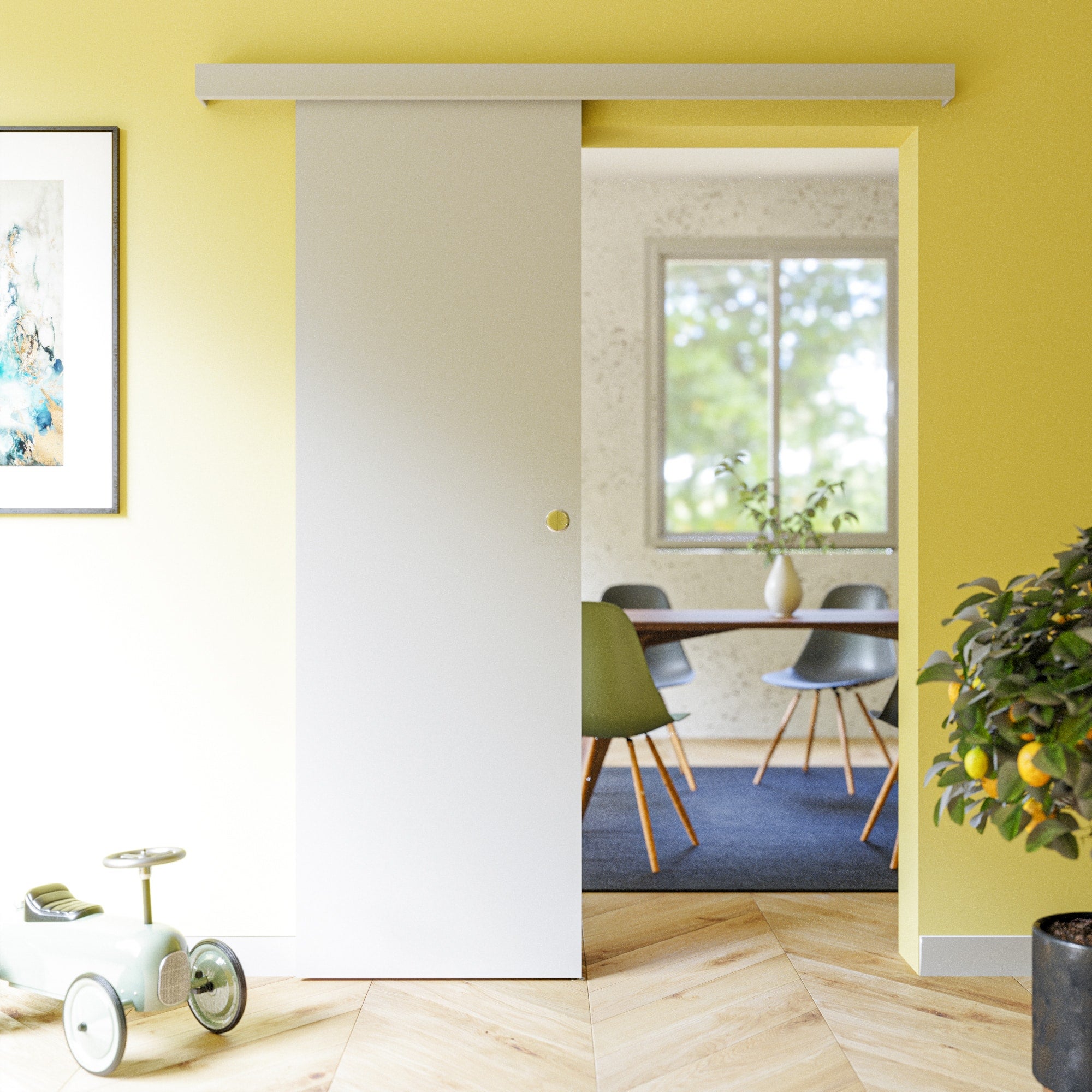 Porte Coulissante avec Rail - Prépeinte Plane 63 cm - Sans butée - 3