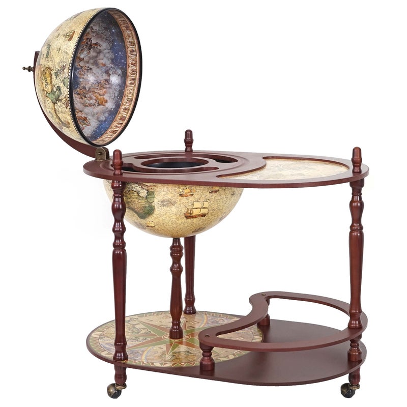 Globe bar ze stolikiem HWC-D84, minibar domowy bar ze stolikiem, globe Ø 42 cm zwijany drewno eukaliptusowe z certyfikatem MVG