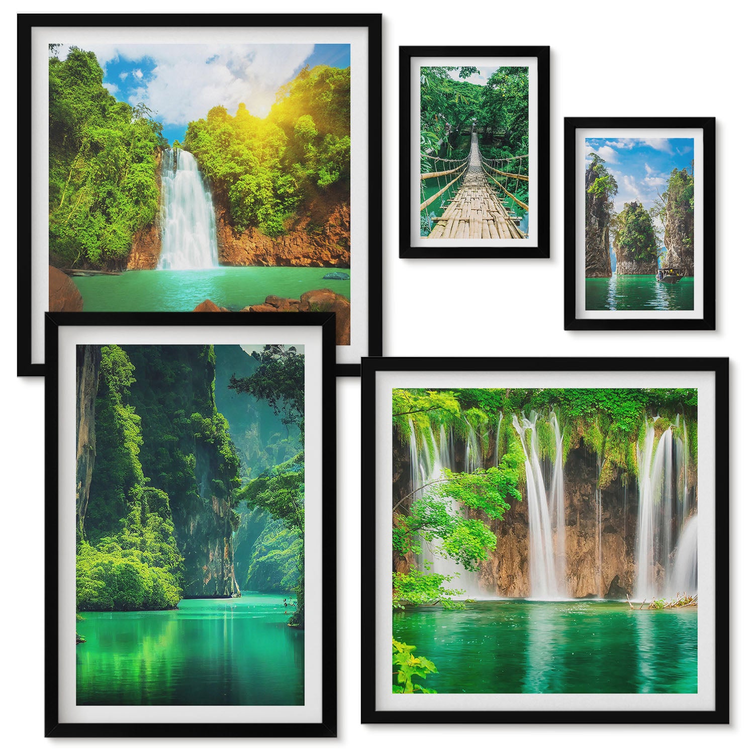 Ensemble de 5 tableaux encadrés | Paysages tropicaux avec cascades et ...
