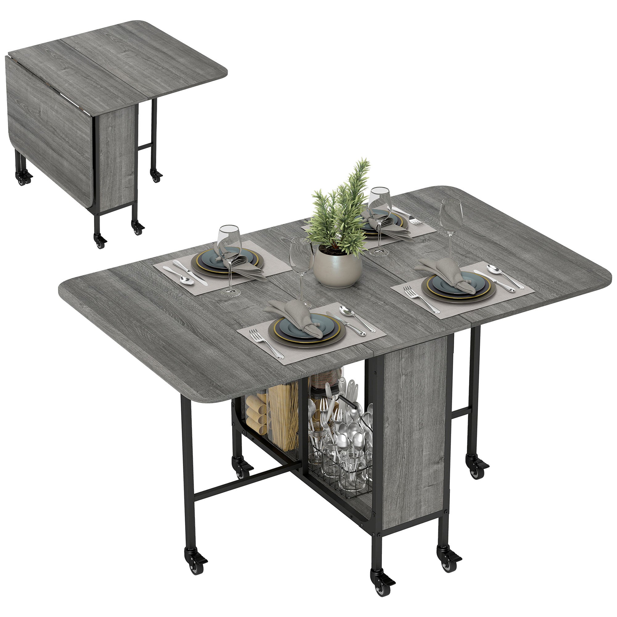Mesa de comedor plegable, mesa abatible para 4 a 6 personas, mesa de cocina moderna que ahorra espacio, metal, 130 x 80 x 74 cm, gris