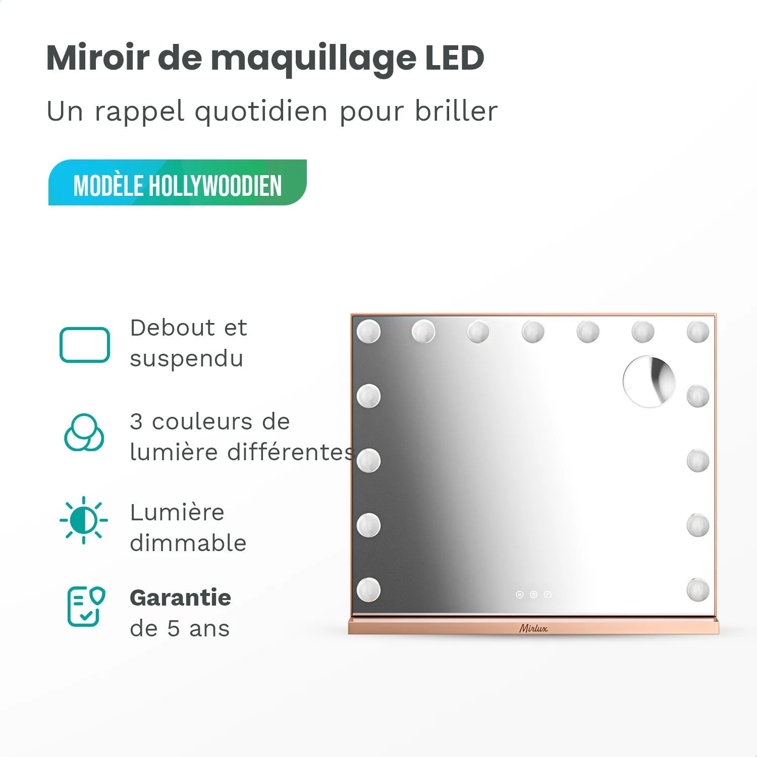 Miroir Hollywood Mirlux 58 x 48 cm - Port de chargement USB et USB-C - 3 niveaux d'intensité lumineuse - Miroir de maquillage LED - Or rose - 2