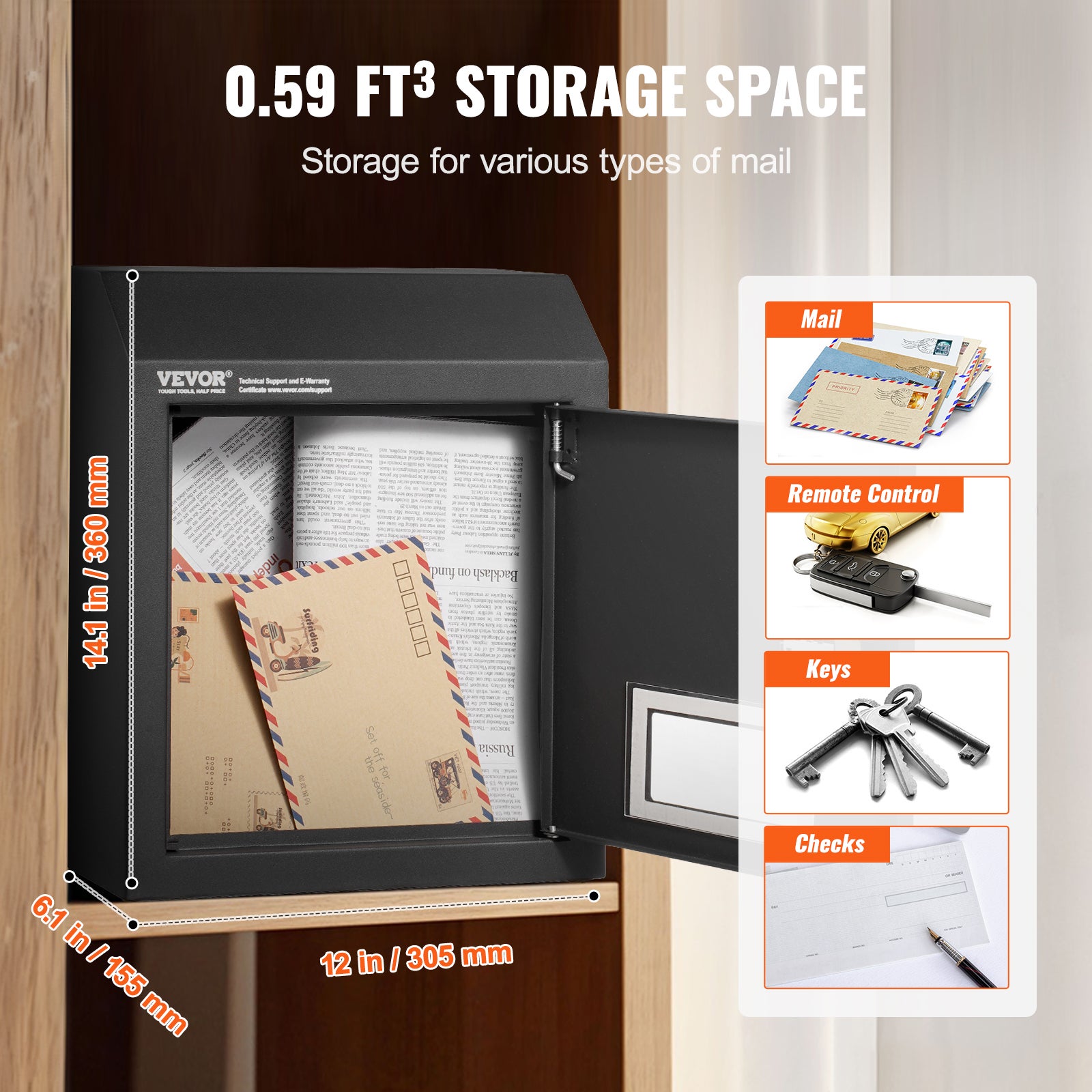 Boîte aux Lettres Encastrable Porte,VEVOR 305x155x360 mm,Boîte Dépôt Courrier Travers la Porte,43 mm,Acier Robuste,Verrouillage à Code Combinaison - 3