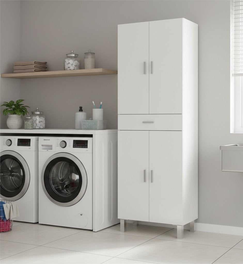 Meuble de salle de bain avec quatre portes et un tiroir, couleur blanc brillant, Dimensions 60 x 182 x 29 cm - 8