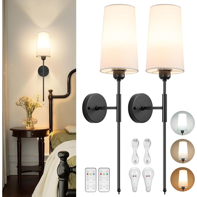 Akumulatorowa lampa ścienna LED – bezprzewodowa lampa ścienna, pilot zdalnego sterowania, 3 temperatury, 4 poziomy, kolor czarny