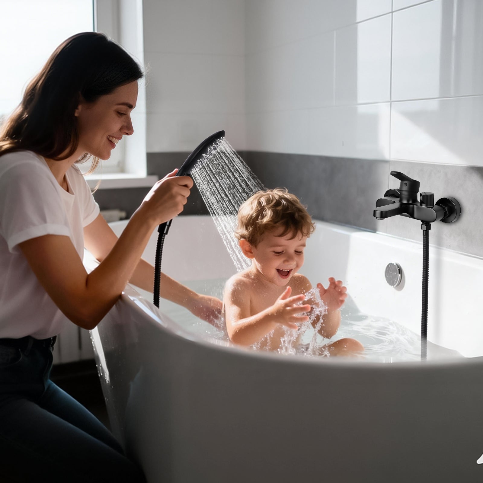 Zestaw baterii wannowej czarny mat z mosiądzu z regulowaną słuchawką 3-funkcyjną i wężem 1,5 m LOVHAUS