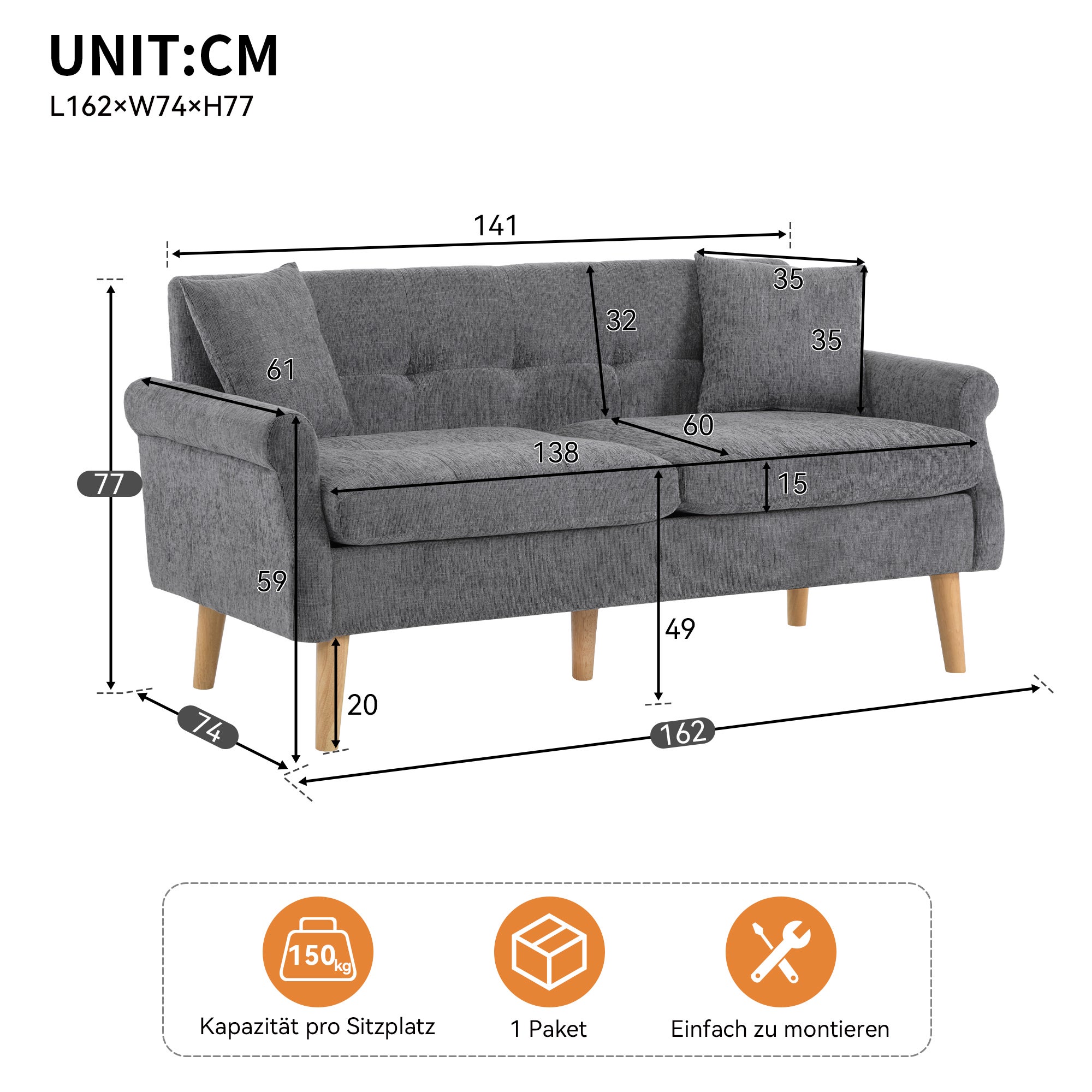 Canapé 2 places en tissu chenille avec coussins épais - 162 x 74 x 77 cm - pour salon, chambre - Gris clair - 8