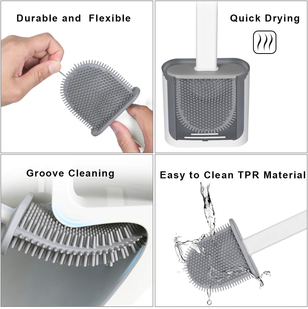 Brosse WC, Brosse de Toilette en Silicone Antibactérienne Balayette,avec Support Mural, tête de Brosse de Nettoyage Double Face(Blanc) - 3