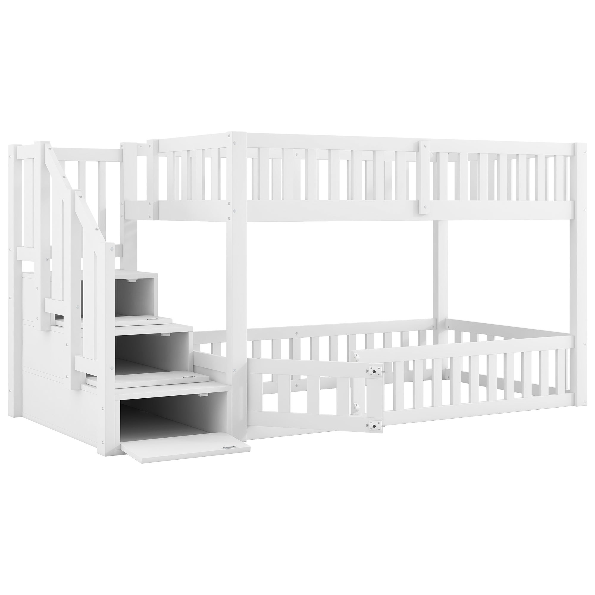 Litera Infantil 90x200 cm Blanco, Madera de Pino + MDF, Cama Baja con Escalera de Almacenamiento, Barandilla Segura - 7
