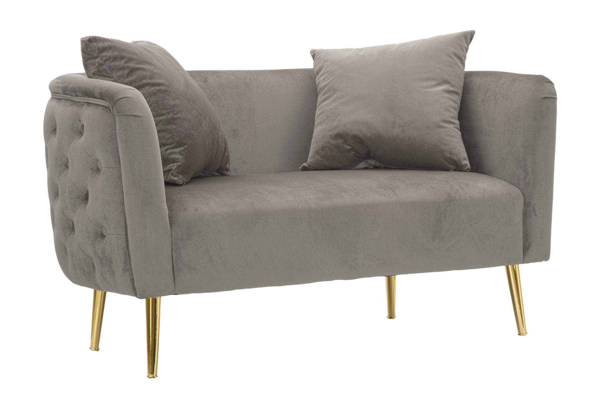 Sofá 2 plazas en playwood, tapizado en terciopelo y metal dorado, completo con 2 cojines, color gris, medidas 74 x 71 x 127 cm