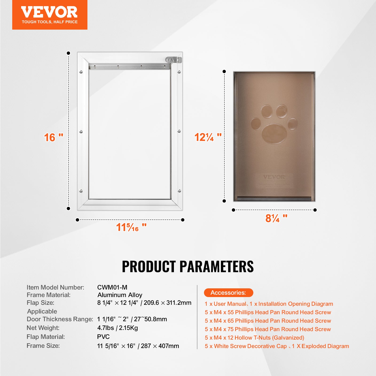 Gatera para Animais,VEVOR Porta para Cão e Gato 287x407 mm,Estrutura em Alumínio,Fechamento e Tampa,Resistente às Intempéries,Branco,Tamanho M - 7