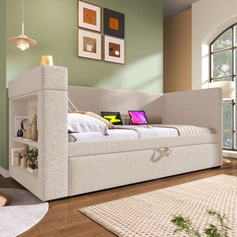 Sofá cama extensible 90x190 con cama nido 90x190,almacenamiento,puertos USB tipo C y portavasos,cama doble con somier de láminas,algodón y lino,beige - 3