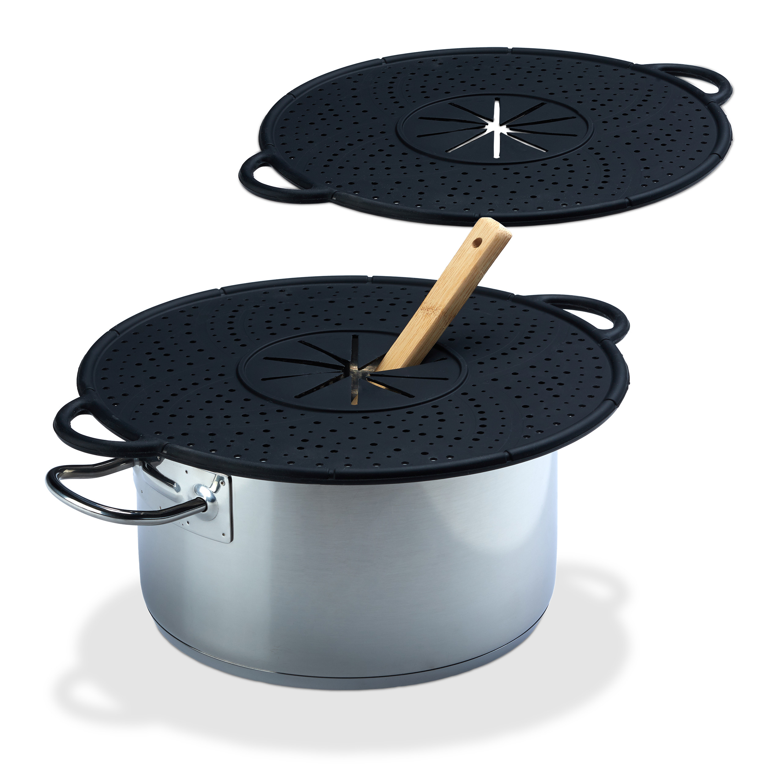 2 tapas antisalpicaduras, vaporera silicona, salvamanteles para ollas, resistente al calor, 30 cm, negro