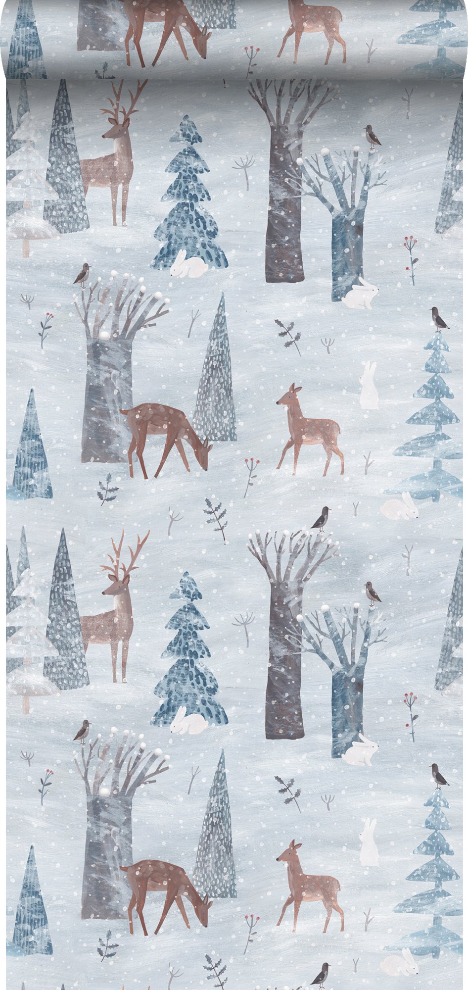 Papel pintado ciervos y conejos en la nieve azul - 50 x 900 cm - estahome