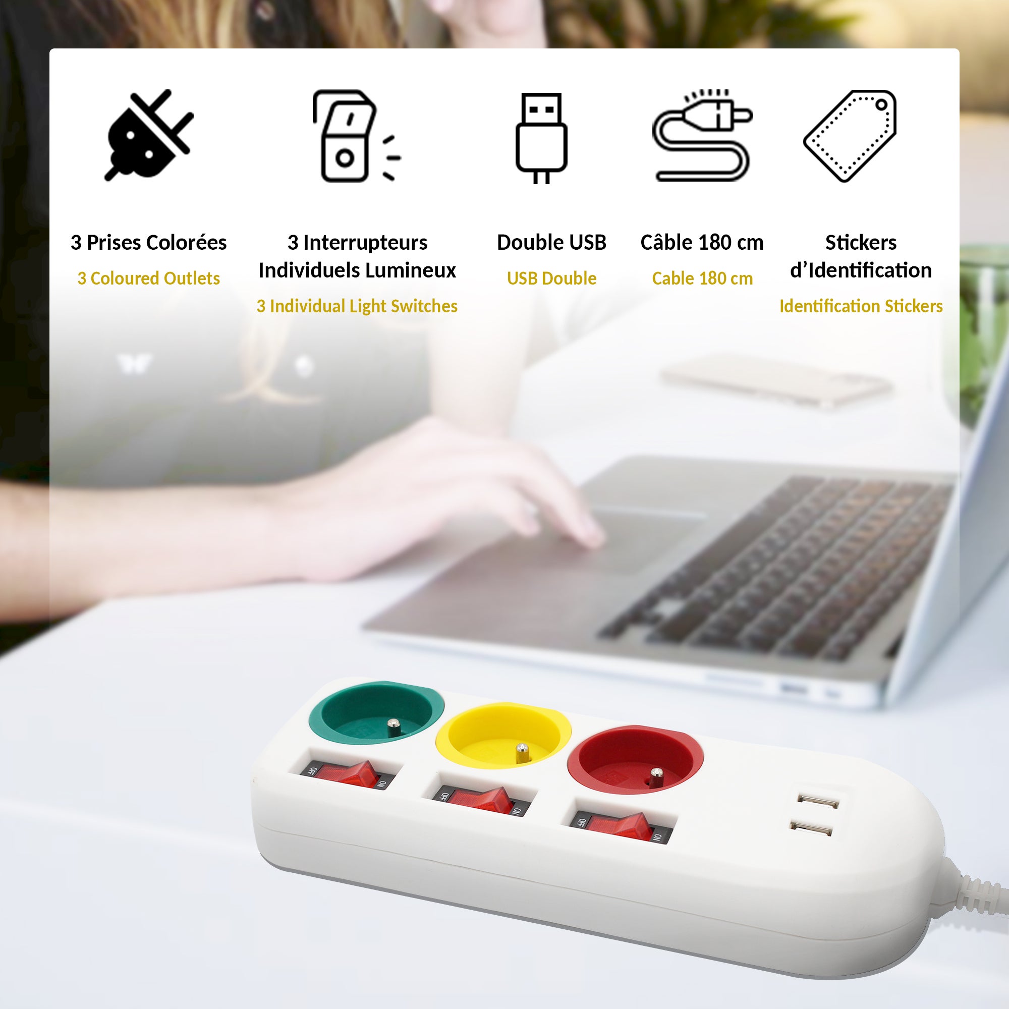 FISHTEC - Multiprise Trio Color - 3 prises avec interrupteurs individuels + 2 ports USB - 1,8 m - 3680W - ABS robuste - Maison ou bureau - 3