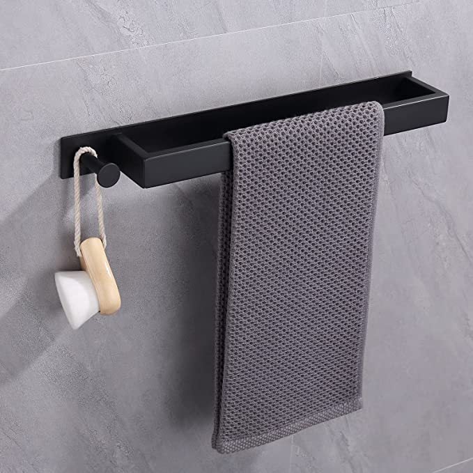 Wieszak na ręczniki ze stali nierdzewnej (40 cm, czarny), samoprzylepny, nie wymaga wiercenia, z haczykami do łazienki.