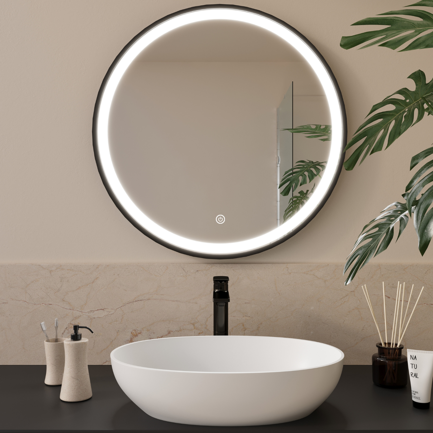 Specchio Da Bagno Con Cornice In Metallo Nero Opaco 55x91 Cm (22x36 Pollici) – CHARMOR, Vetro Temperato, Montaggio Facile