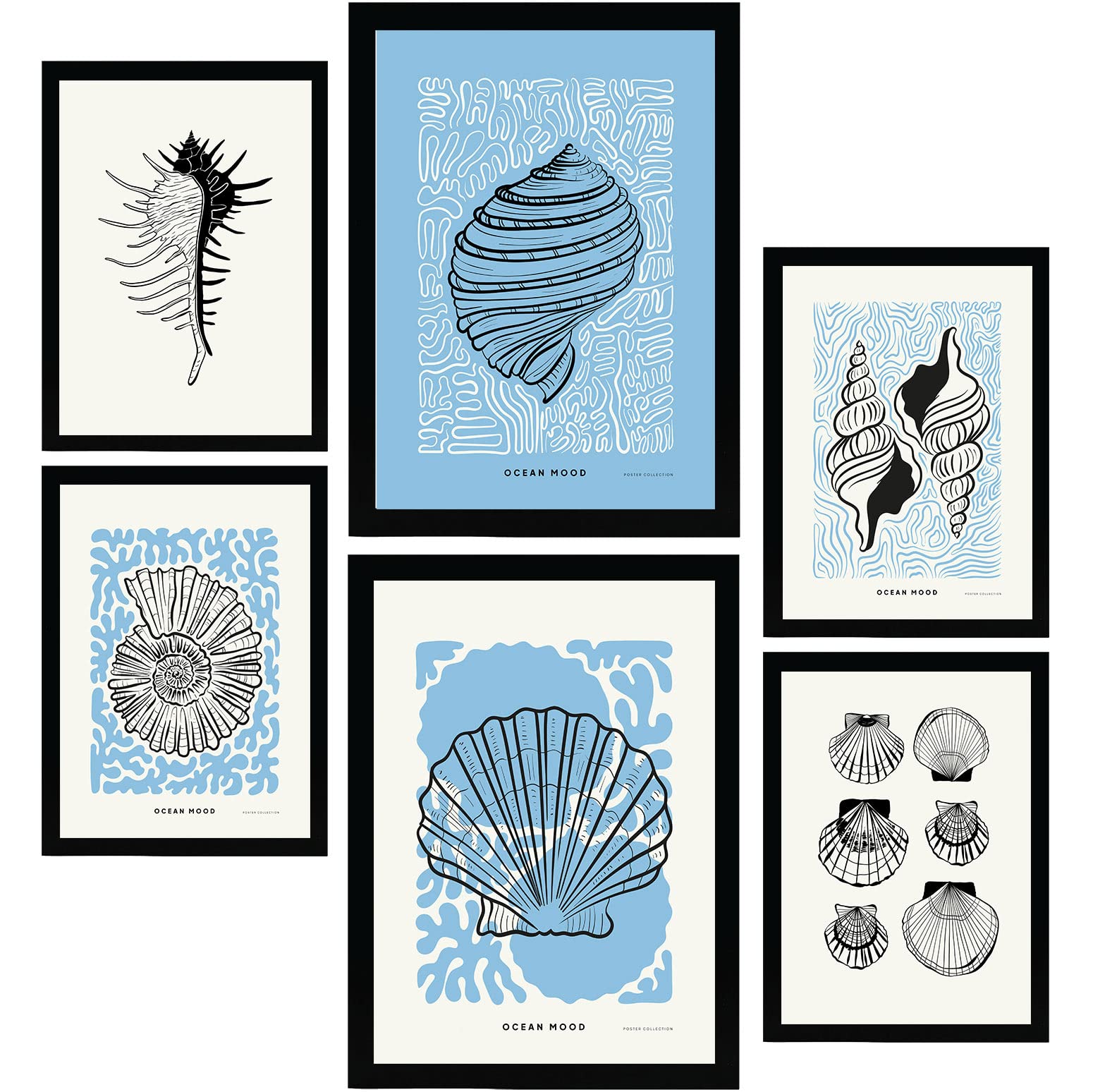 Nacnic set de 6 posters en tinta negra irises láminas artísticas del mar y océano para el diseño y tamaños a3 & a4 marco negro